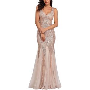 Sequin Tulle Party Dress for Women Sexy V-Neck Formal Long Evening Prom Gowns